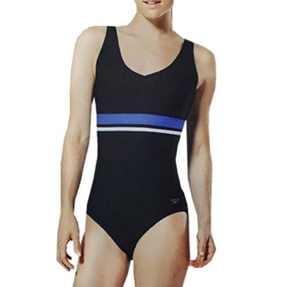 SPEEDO One Piece Athletic Swimsuit Bathing Suit Black With Blue & White Stripe S - Picture 1 of 9